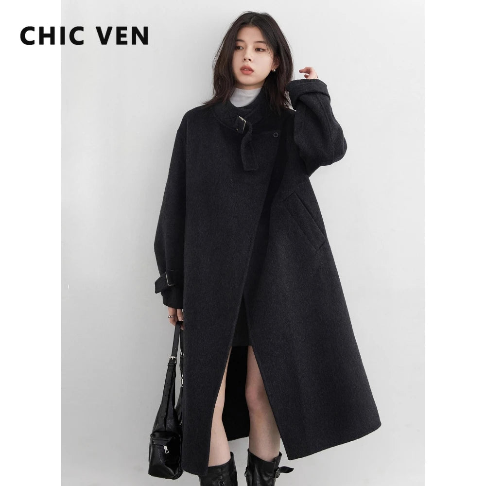 CHIC VEN Fashion Women Long Woolen Coats Stand Collar Double-sided Office Ladies Warm Overcoat Belt Autumn Winter 2025 Outerwear