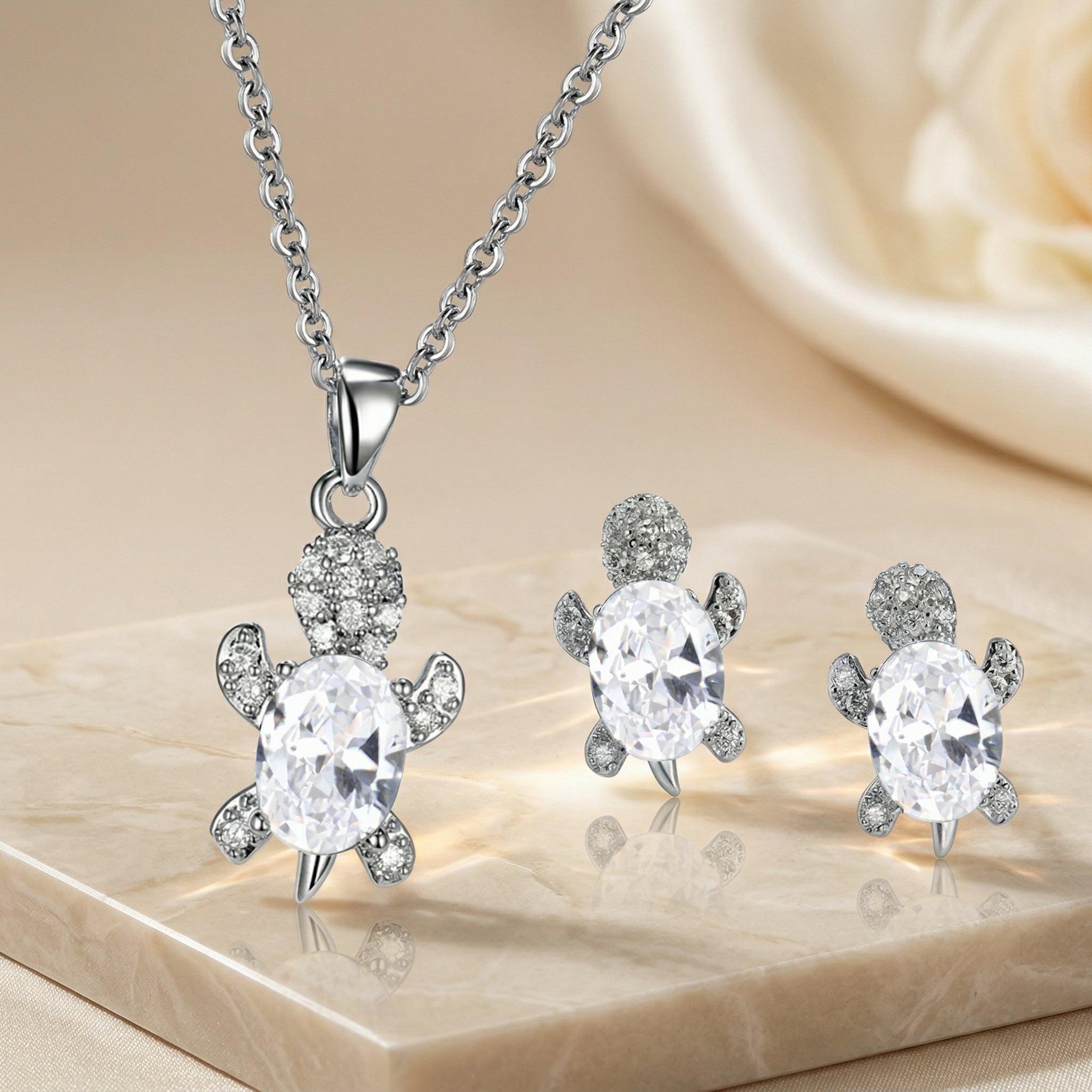 Turtle Jewelry Set – 5A CZ, Silver-Plated