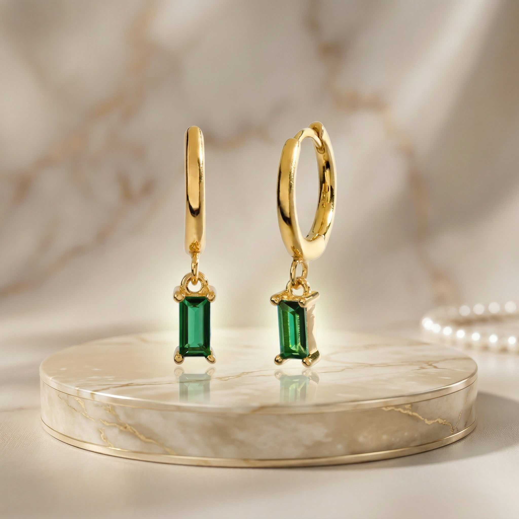 Emerald Drop Hoop Earrings